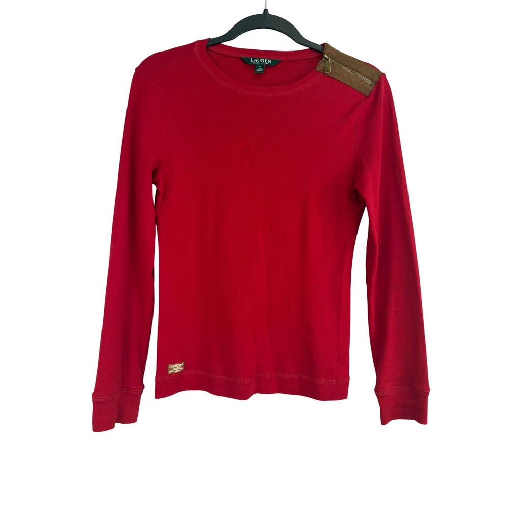 Lauren Ralph Lauren Red Long Sleeve Top Suede Elbow Patch Shoulder Zip Small
